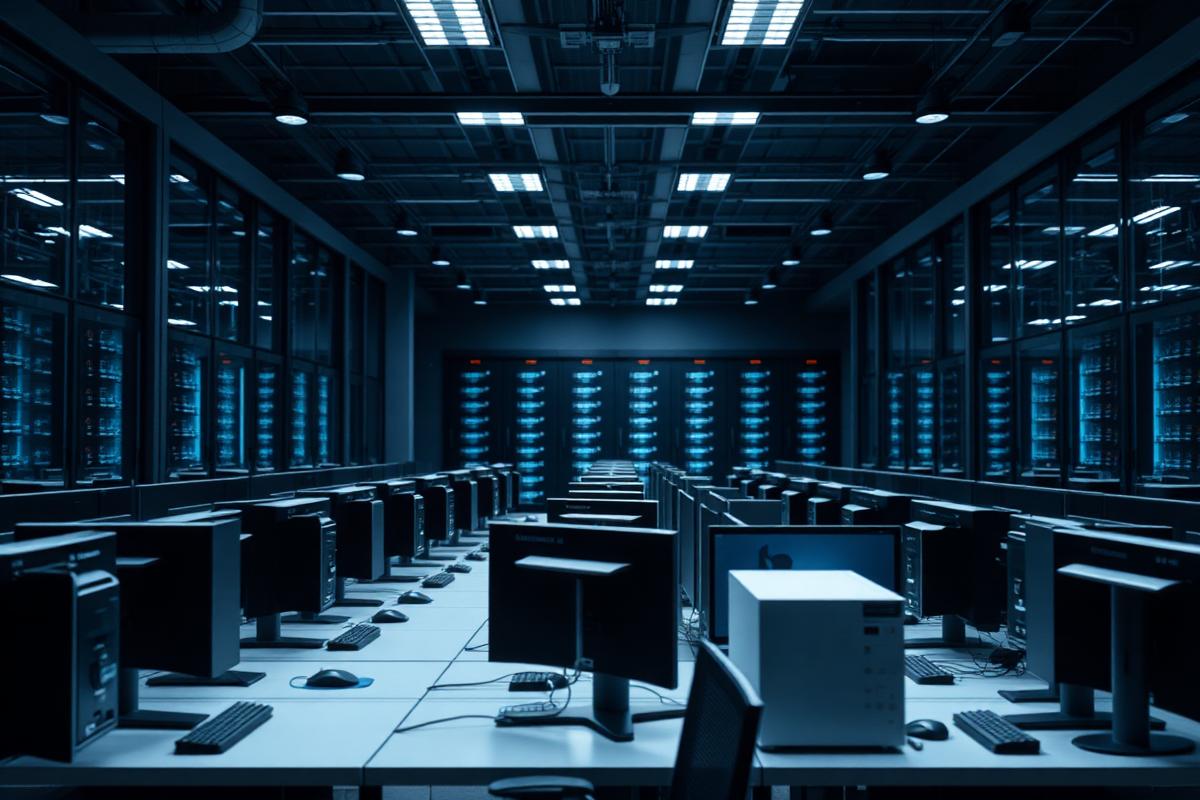Korporativ ofisdagi kompyuter ish joylari va server javonlari